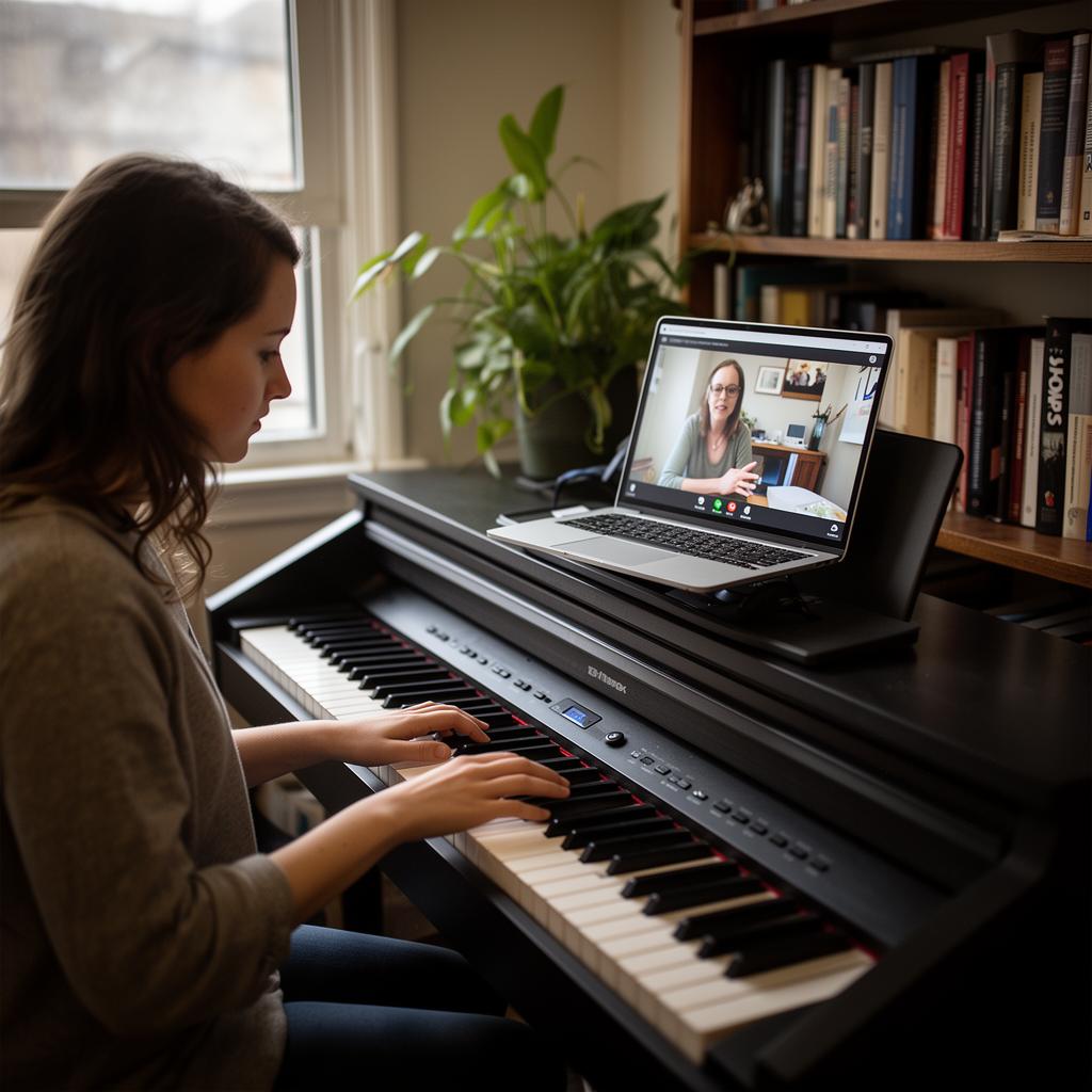 Student taking an online piano lesson with a Musably teacher over video call
